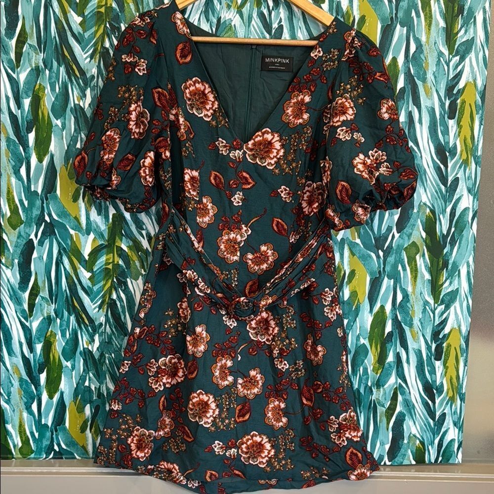 MINKPINK Green Puff Sleeve Mini Dress